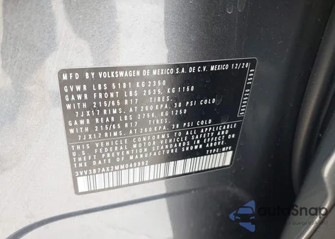 2021 Volkswagen Tiguan 2.0T Se/2.0T Se R-Line Black/2.0T Sel z USA, uszkodzony, nr VIN 3VV3B7AX2MM049992